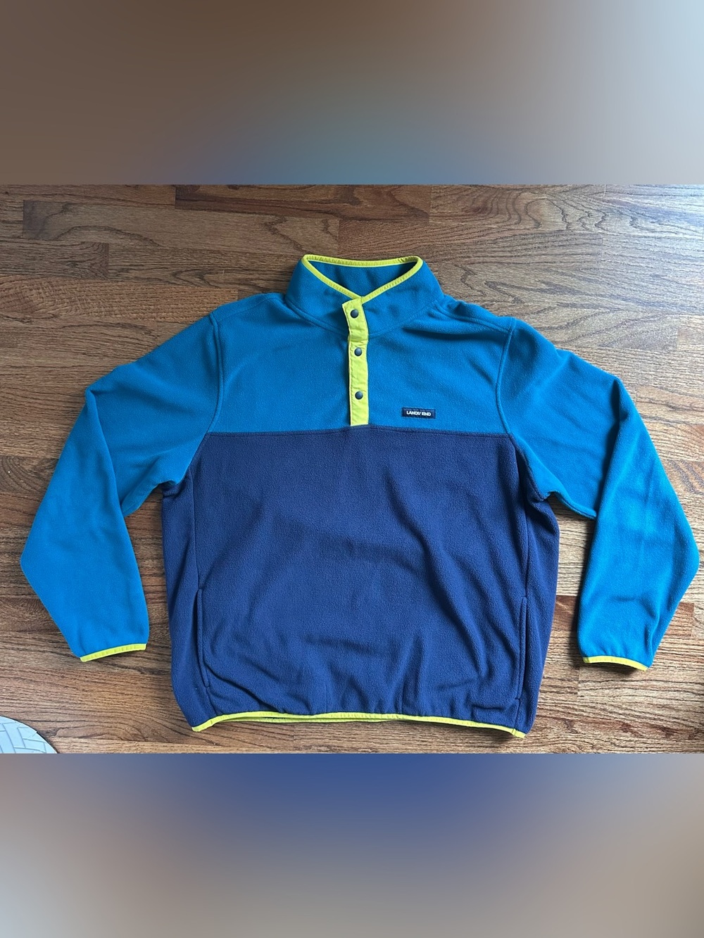 Lands End Heritage Colorblock Navy Yellow Snap Neck Pullover Fleece Top Size XL